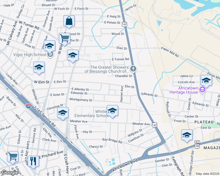 map of restaurants, bars, coffee shops, grocery stores, and more near 529 Iowa Avenue in Prichard