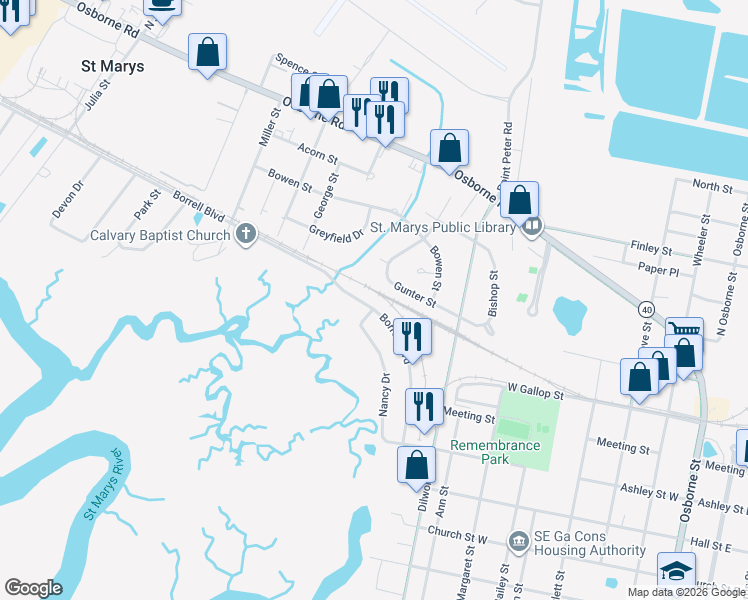 map of restaurants, bars, coffee shops, grocery stores, and more near 212 Borrell Boulevard in St. Marys