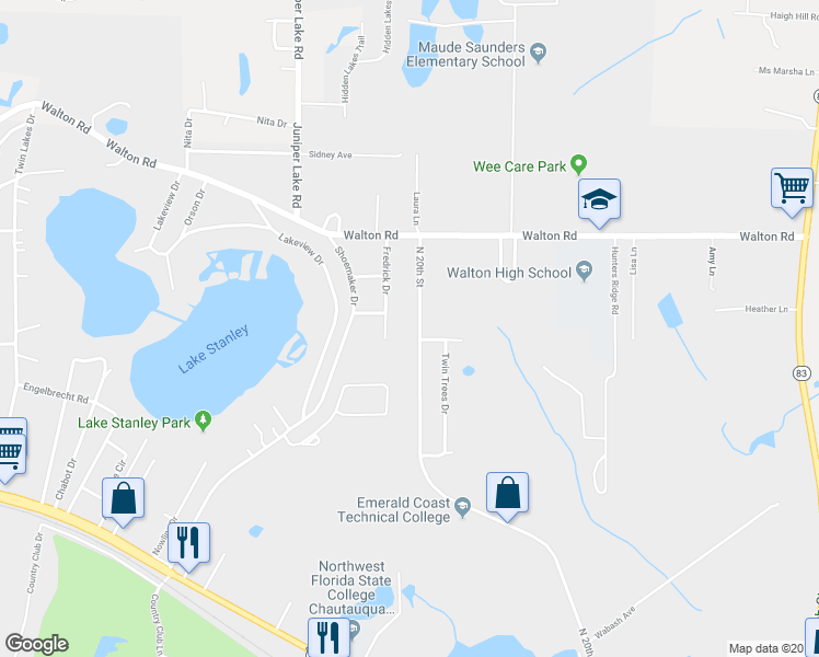 map of restaurants, bars, coffee shops, grocery stores, and more near 1261 North 20th Street in DeFuniak Springs