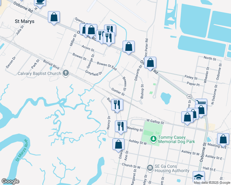 map of restaurants, bars, coffee shops, grocery stores, and more near 207 Gunter Street in St. Marys