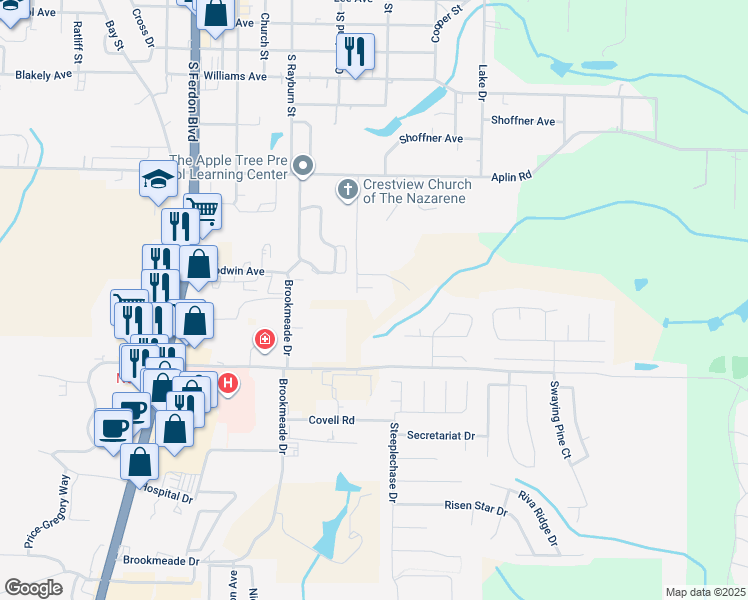 map of restaurants, bars, coffee shops, grocery stores, and more near 1100 Patriot Lane in Crestview