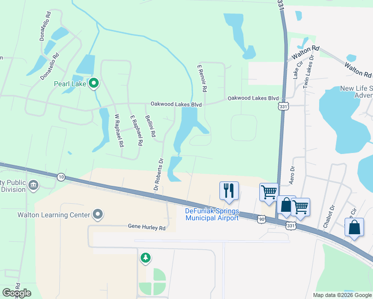 map of restaurants, bars, coffee shops, grocery stores, and more near 311 West Renoir Road in DeFuniak Springs