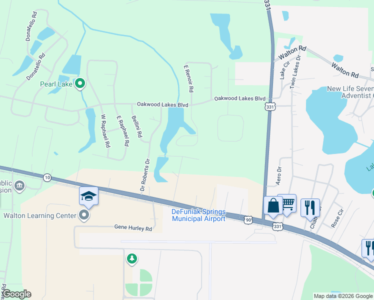 map of restaurants, bars, coffee shops, grocery stores, and more near 311 West Renoir Road in DeFuniak Springs