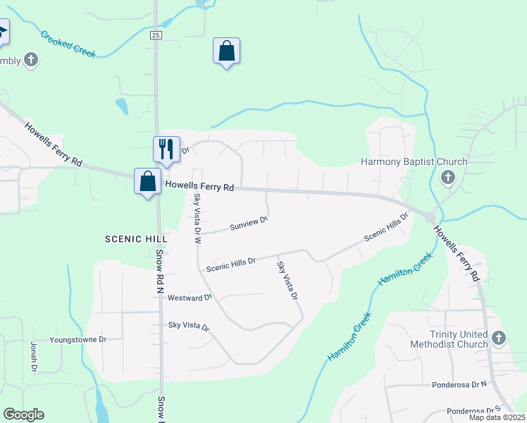 map of restaurants, bars, coffee shops, grocery stores, and more near 9640 Sunview Drive in Semmes