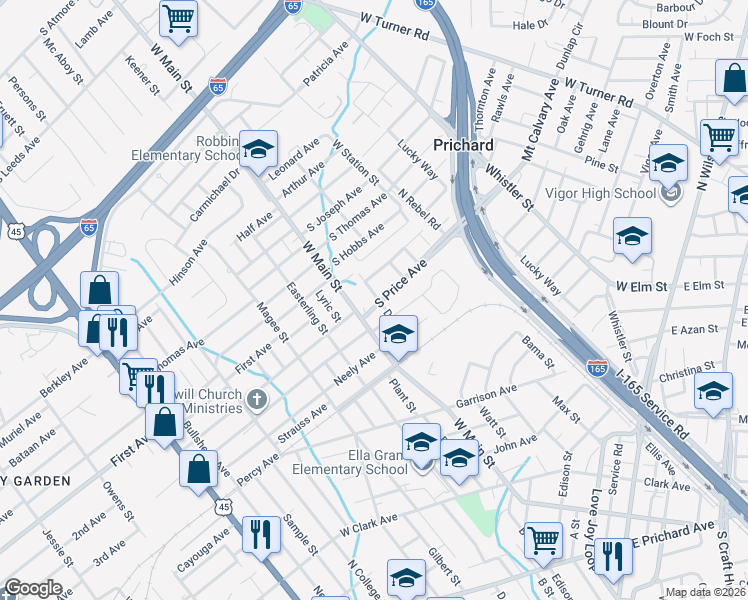 map of restaurants, bars, coffee shops, grocery stores, and more near 504 South Price Avenue in Prichard