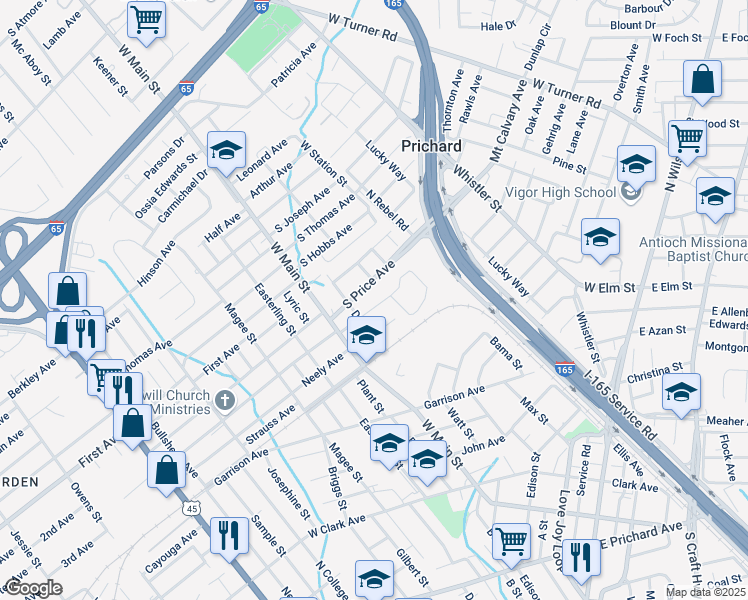 map of restaurants, bars, coffee shops, grocery stores, and more near 418 Grant Avenue in Prichard