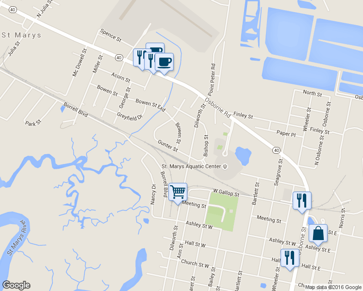 map of restaurants, bars, coffee shops, grocery stores, and more near 100 Bowen Street in St. Marys