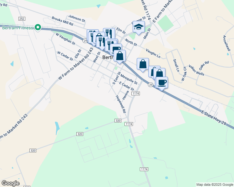 map of restaurants, bars, coffee shops, grocery stores, and more near 355 Hopewell Road in Bertram