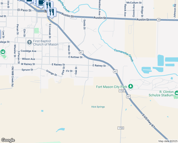 map of restaurants, bars, coffee shops, grocery stores, and more near 505 Fir Street in Mason