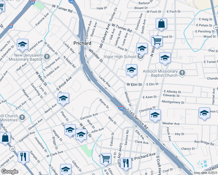 map of restaurants, bars, coffee shops, grocery stores, and more near 133 Lorraine Avenue in Prichard