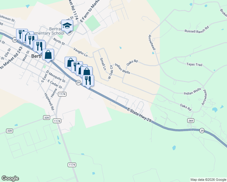 map of restaurants, bars, coffee shops, grocery stores, and more near 38 Reed Circle in Bertram