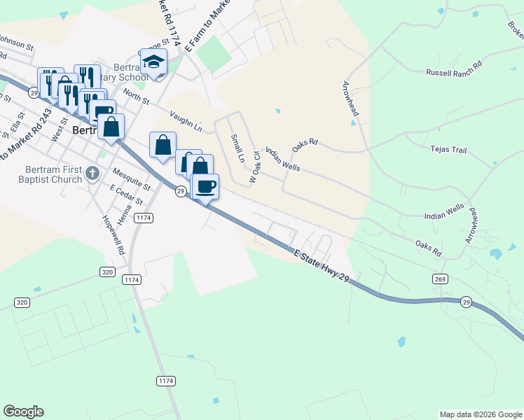 map of restaurants, bars, coffee shops, grocery stores, and more near 38 Reed Circle in Bertram