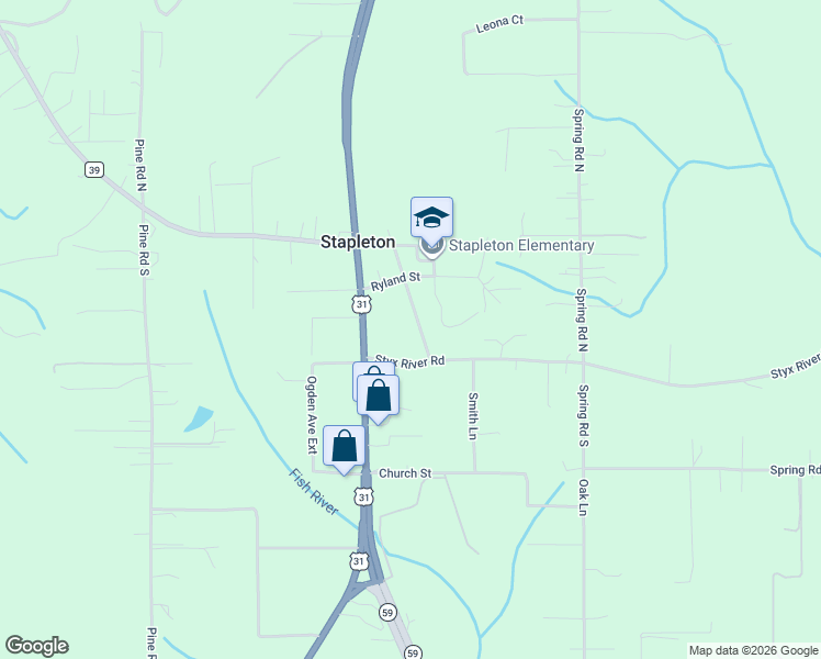 map of restaurants, bars, coffee shops, grocery stores, and more near 35250 Highway 59 in Stapleton