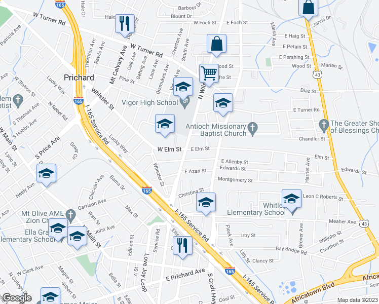 map of restaurants, bars, coffee shops, grocery stores, and more near 520 North Wilson Avenue in Prichard