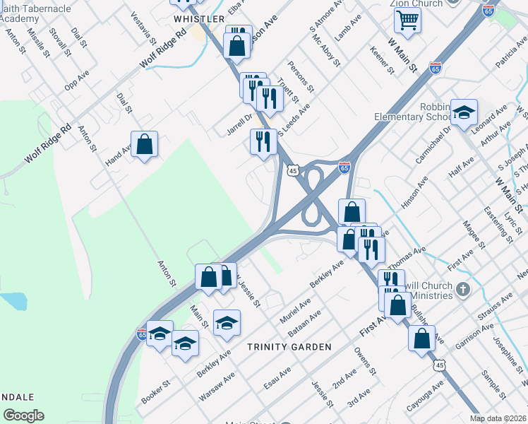 map of restaurants, bars, coffee shops, grocery stores, and more near 2601-2699 Interstate 65 Service Road South in Mobile