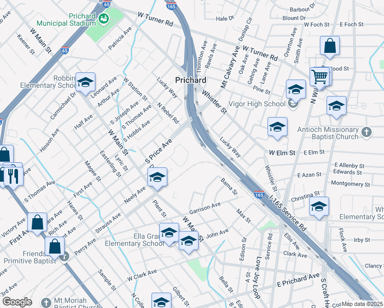 map of restaurants, bars, coffee shops, grocery stores, and more near 220 Grant Circle in Prichard