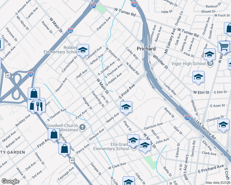 map of restaurants, bars, coffee shops, grocery stores, and more near 504 South Price Avenue in Prichard