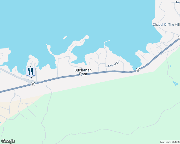 map of restaurants, bars, coffee shops, grocery stores, and more near 17716 Hwy 29 in Buchanan Dam