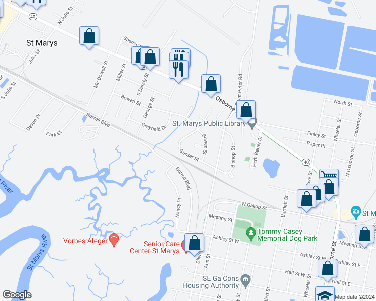 map of restaurants, bars, coffee shops, grocery stores, and more near 210 Gunter Street in Saint Marys