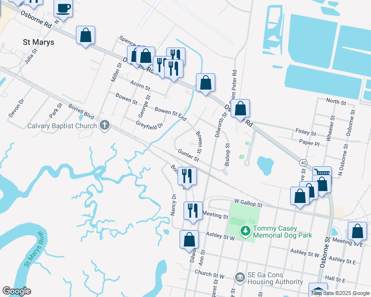 map of restaurants, bars, coffee shops, grocery stores, and more near 207 Gunter Street in St. Marys