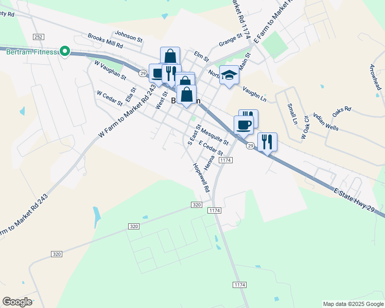map of restaurants, bars, coffee shops, grocery stores, and more near 355 Hopewell Road in Bertram