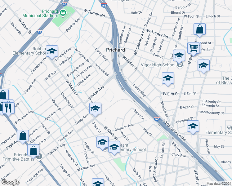 map of restaurants, bars, coffee shops, grocery stores, and more near 224 Grant Circle in Prichard