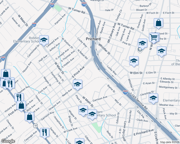 map of restaurants, bars, coffee shops, grocery stores, and more near 201 Grant Circle in Prichard