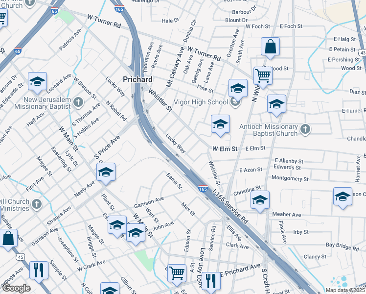 map of restaurants, bars, coffee shops, grocery stores, and more near 133 Lorraine Avenue in Prichard