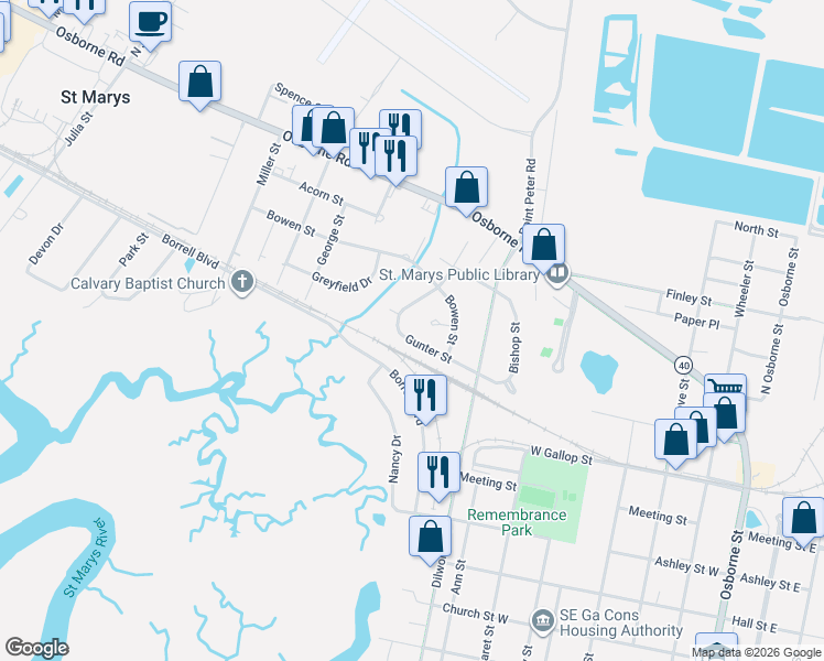 map of restaurants, bars, coffee shops, grocery stores, and more near 207 Gunter Street in St. Marys