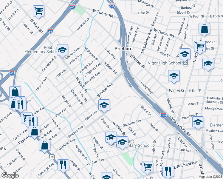 map of restaurants, bars, coffee shops, grocery stores, and more near 418 Grant Avenue in Prichard