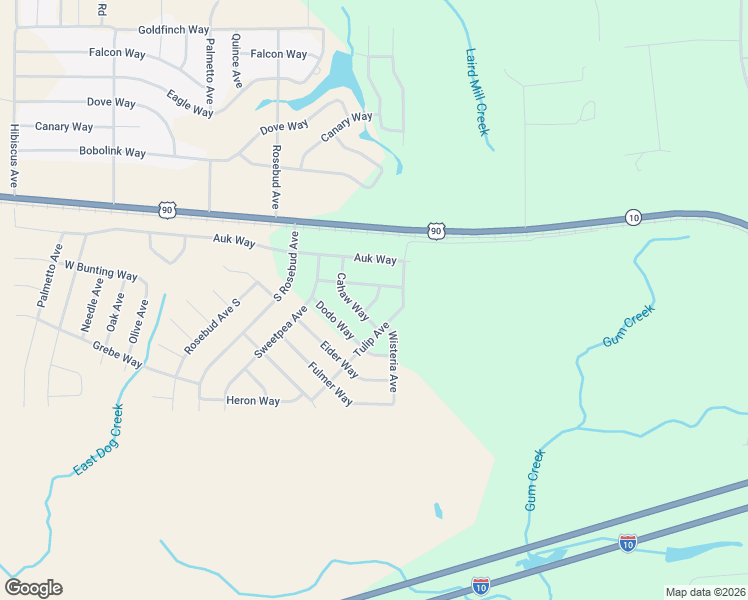 map of restaurants, bars, coffee shops, grocery stores, and more near Tulip Avenue in DeFuniak Springs