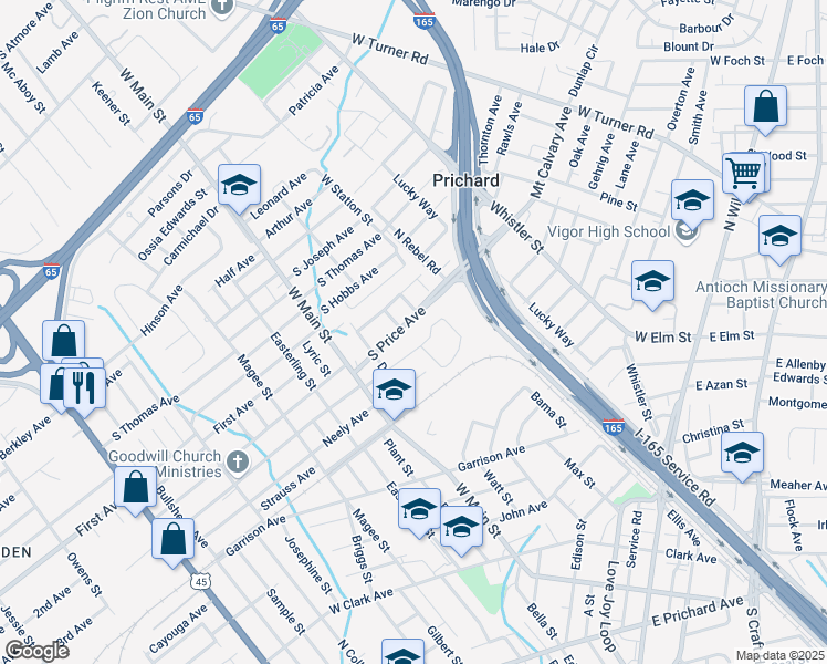 map of restaurants, bars, coffee shops, grocery stores, and more near 418 Grant Avenue in Prichard