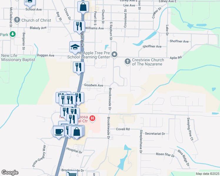 map of restaurants, bars, coffee shops, grocery stores, and more near 314 Brookmeade Drive in Crestview