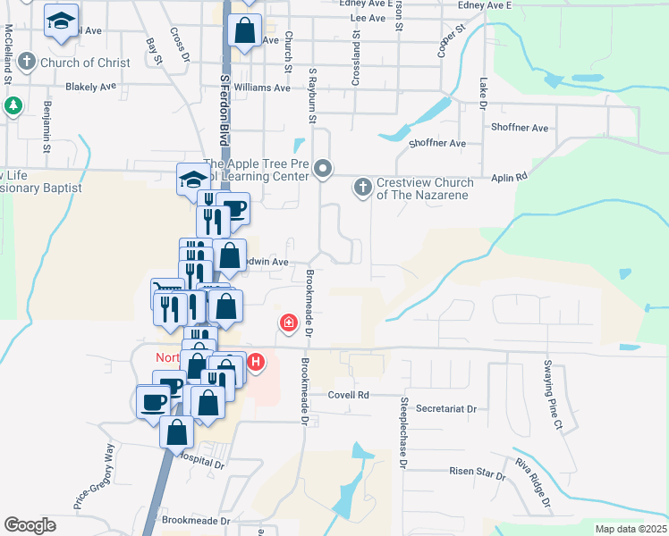 map of restaurants, bars, coffee shops, grocery stores, and more near 236 Runnymeade Drive in Crestview