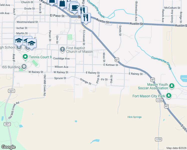 map of restaurants, bars, coffee shops, grocery stores, and more near 936 Postoak Street in Mason