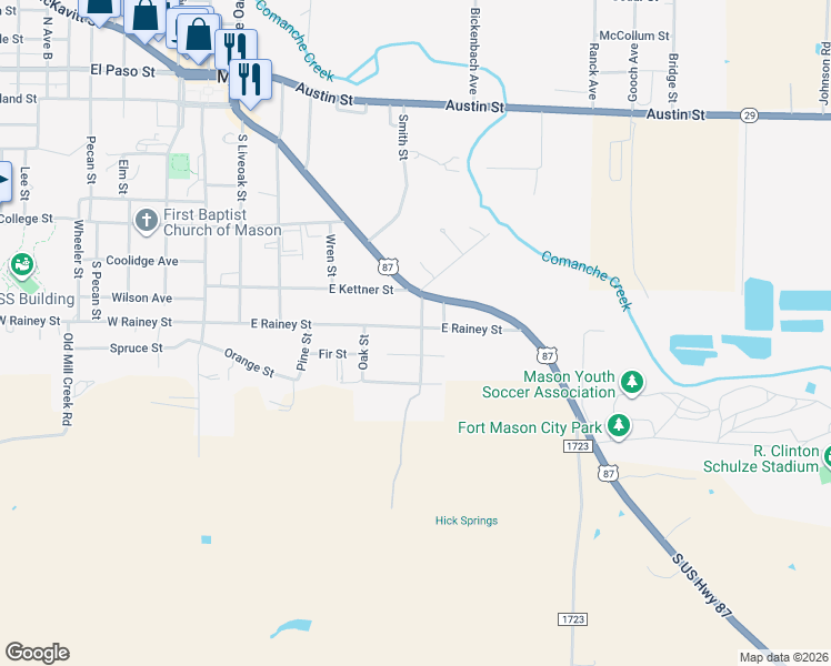 map of restaurants, bars, coffee shops, grocery stores, and more near 801 Hofmann Street in Mason