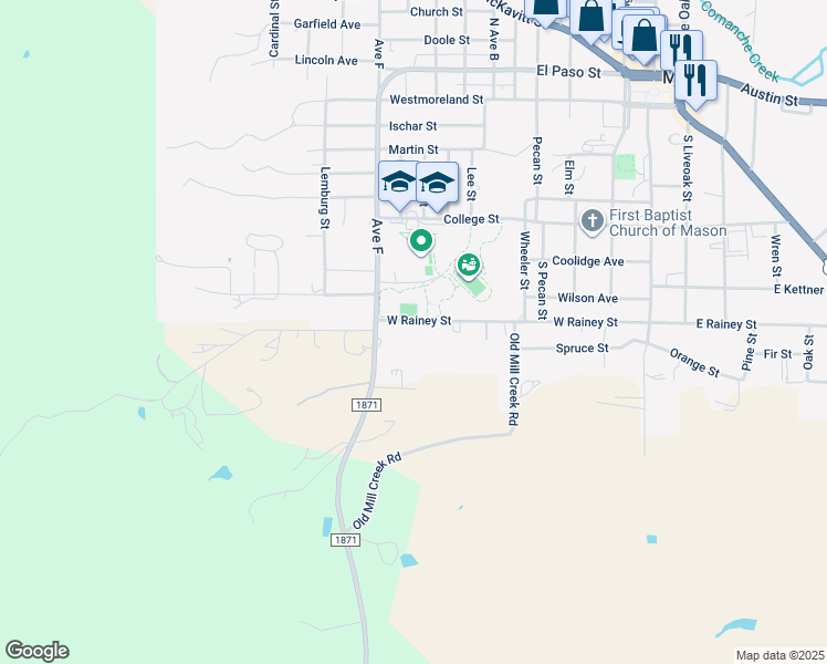 map of restaurants, bars, coffee shops, grocery stores, and more near 1005 West Rainey Street in Mason