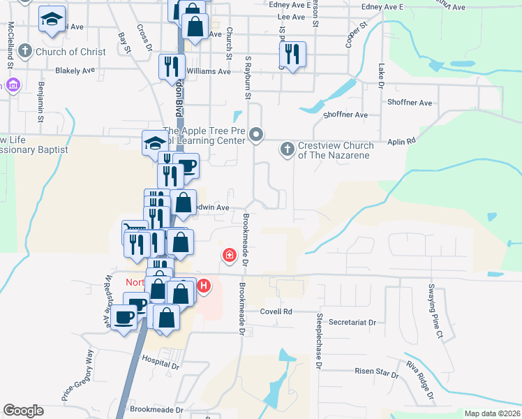 map of restaurants, bars, coffee shops, grocery stores, and more near 219 Runnymeade Drive in Crestview