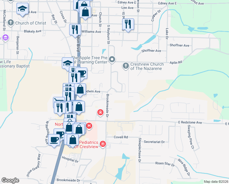 map of restaurants, bars, coffee shops, grocery stores, and more near 226 Runnymeade Drive in Crestview