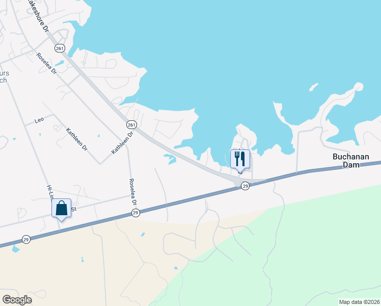 map of restaurants, bars, coffee shops, grocery stores, and more near 102 Palm Cove in Buchanan Dam