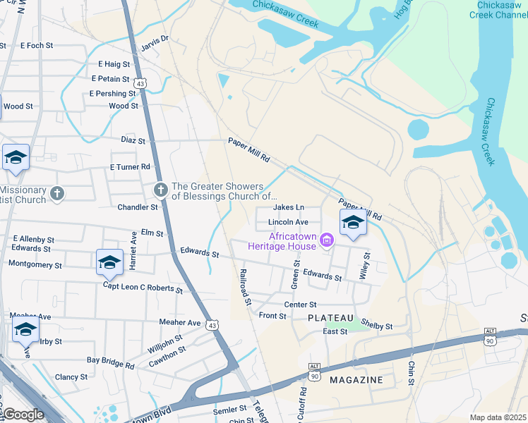 map of restaurants, bars, coffee shops, grocery stores, and more near 1100-1198 Jakes Lane in Mobile