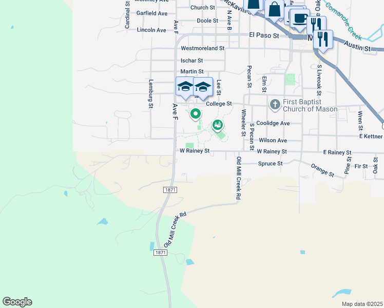map of restaurants, bars, coffee shops, grocery stores, and more near 1005 West Rainey Street in Mason