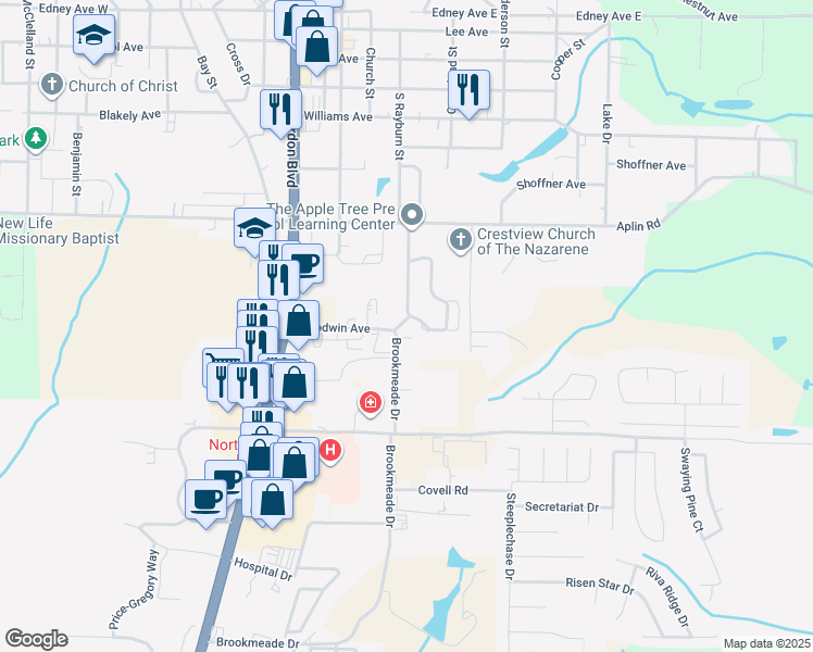 map of restaurants, bars, coffee shops, grocery stores, and more near 224 Brookmeade Drive in Crestview