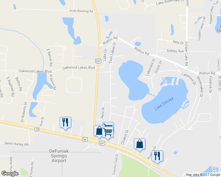 map of restaurants, bars, coffee shops, grocery stores, and more near 343 Twin Lakes Drive in DeFuniak Springs