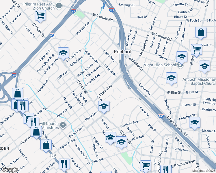 map of restaurants, bars, coffee shops, grocery stores, and more near 1607 Lawn Street in Prichard