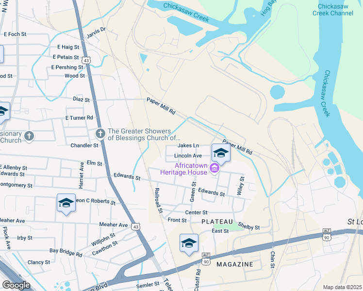 map of restaurants, bars, coffee shops, grocery stores, and more near 1100 Jakes Lane in Mobile
