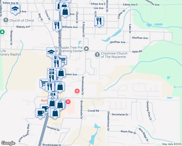 map of restaurants, bars, coffee shops, grocery stores, and more near 219 Runnymeade Drive in Crestview