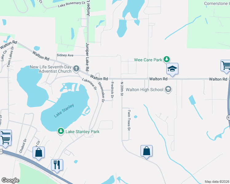 map of restaurants, bars, coffee shops, grocery stores, and more near 111 Fredrick Drive in DeFuniak Springs