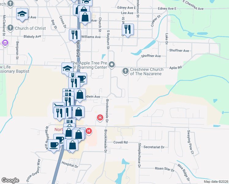 map of restaurants, bars, coffee shops, grocery stores, and more near 219 Runnymeade Drive in Crestview