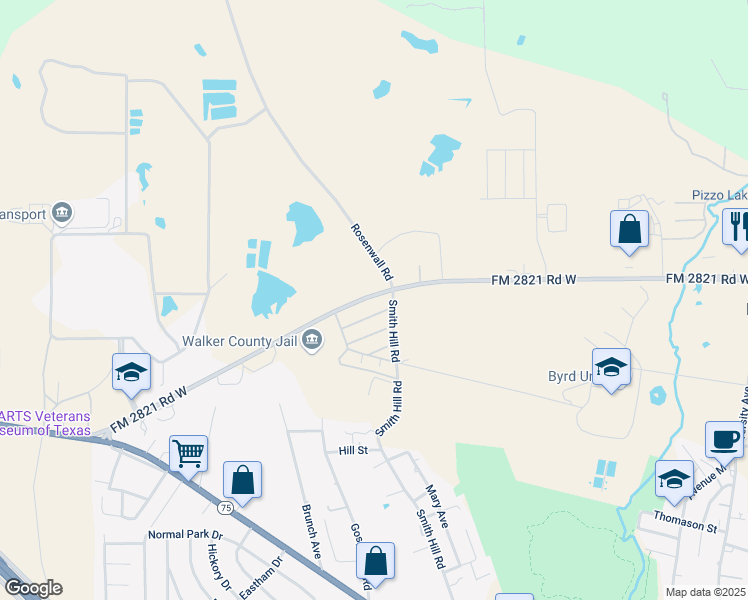 map of restaurants, bars, coffee shops, grocery stores, and more near 633 FM 2821 Road West in Huntsville
